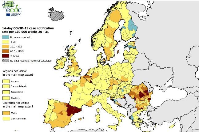 La Wallonie reste orange clair, avec 20 à 60 infections pour 100 000 habitants