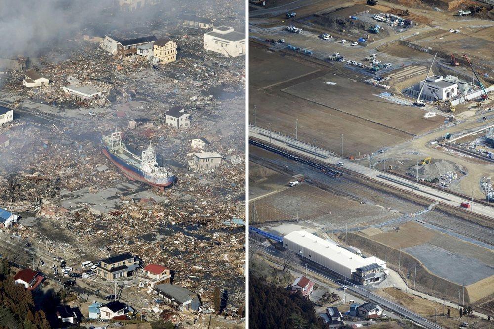 La ville de Kesennuma, le 12 mars 2011 et le 16 février 2016.
