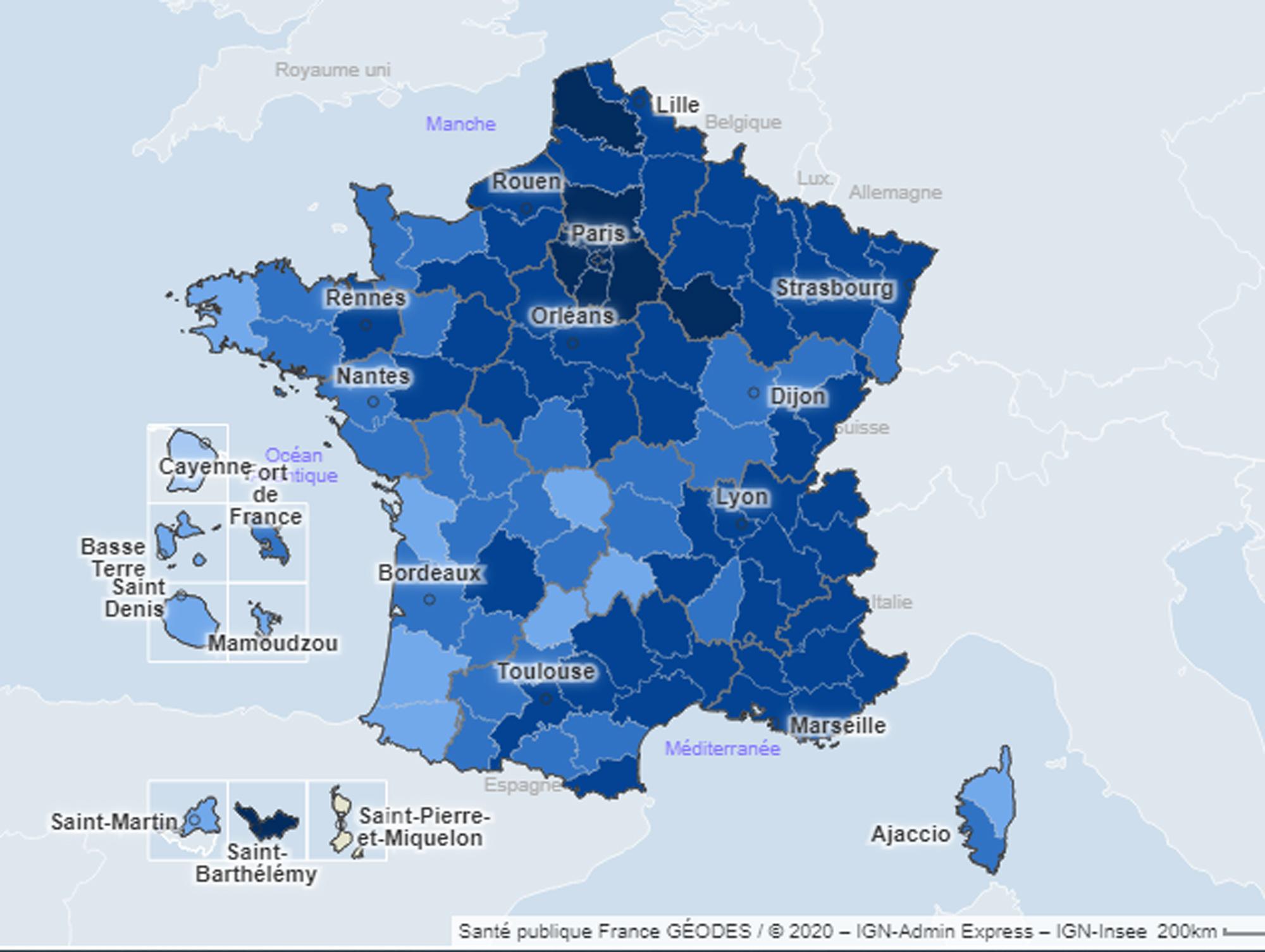 Taux d'incidence du Covid-19 en France, sur 100.000 habitants, du 20 au 26 mars 2021.