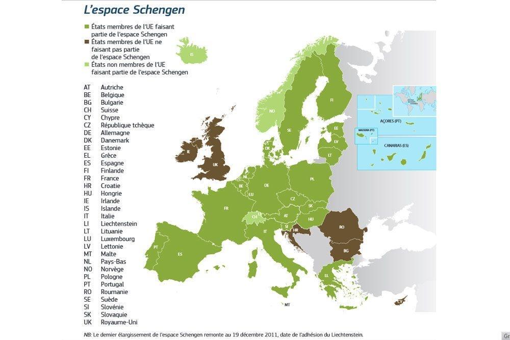 La carte de l'espace Schengen 