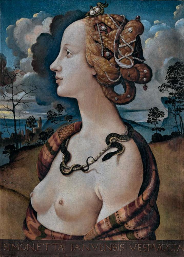 La Joconde nue est l'héritière des belle donne qui ont fleuri à Florence et à Venise au xve siècle. Ici, le Portrait de Simonetta Vespucci réalisé par Piero di Cosimo vers 1480.