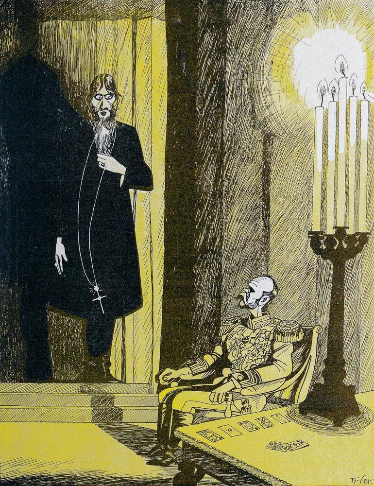 Nicolas II fut de plus en plus sous la coupe du moine Grigori Raspoutine. Cette influence croissante suscita dans son entourage soupçons et haines féroces. Caricature du journal allemand Lustige Blätter, n°32, 1914.