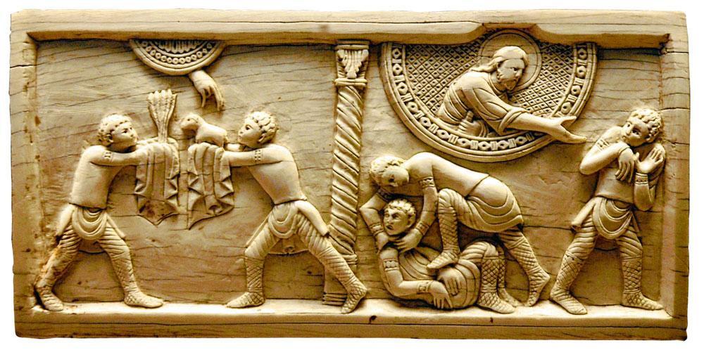 La lutte à mort entre Etéocle et Polynice. Urne étrusque en terra cotta. IIe siècle av. J.-C.