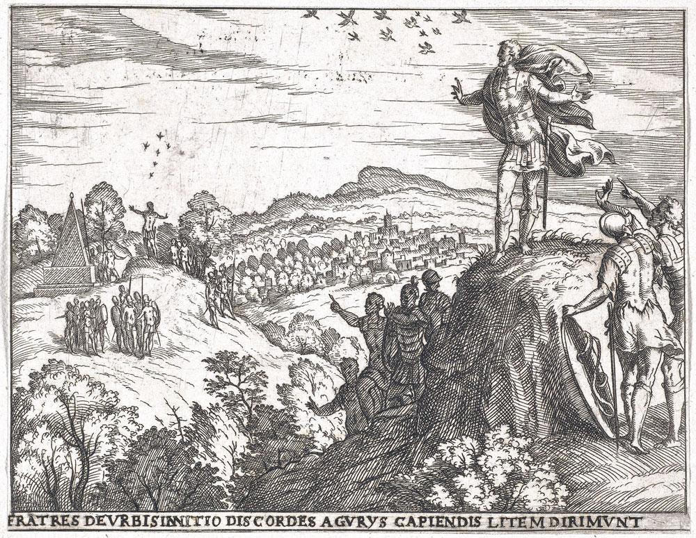 Sur cette eau-forte de 1575, on voit les deux frères attendre un signe des dieux qui les aidera à choisir quelle colline devra accueillir leur nouvelle ville.