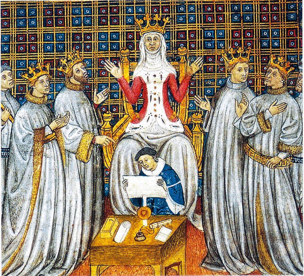 Après la mort de Clovis, son royaume a été distribué à ses quatre fils, Thierry, Clodomir, Childebert et Clotaire. Au centre de l'image siège Clotilde, la veuve du roi franc.