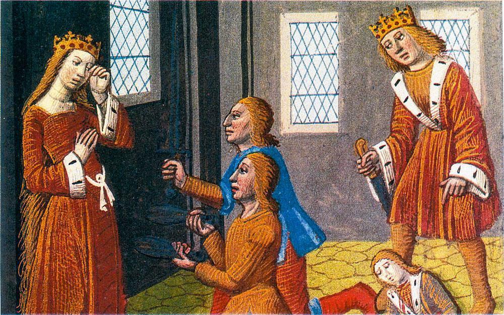 Représentation datant du XVe siècle, extraite des Chroniques de France de la mort des trois enfants de Clodomir. A droite se dresse Clotaire, frère et meurtrier de Clodomir. A gauche, Clotilde, sa mère, éplorée.