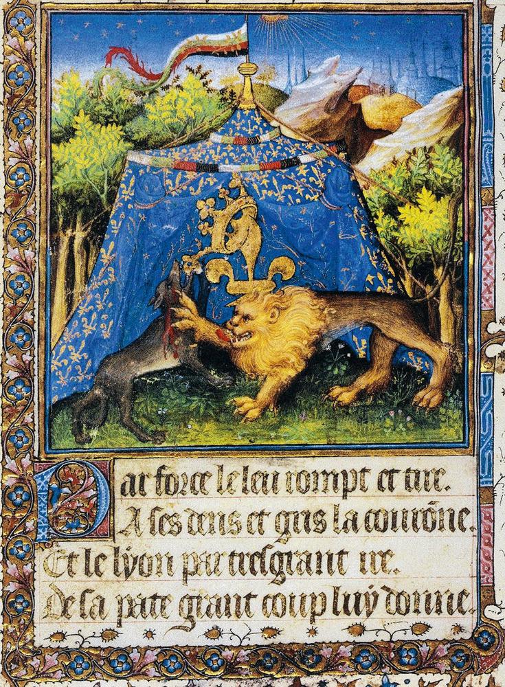 Cette miniature du XVe siècle représente l'assassinat du comte Louis d'Orléans (le loup) sur l'ordre de Jean sans Peur (le lion), comte de Bourgogne.