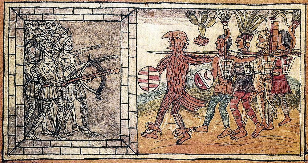Initialement, les rapports entre les Aztèques et les étrangers espagnols s'étaient établis pacifiquement. Mais en 1520, des affrontements font rage à Tenochtitlan. Les Espagnols l'emporteront facilement sur des Aztèques très affaiblis par la maladie.