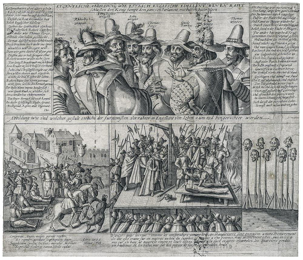 Les initiateurs de la conspiration des Poudres avec Guy Fawkes (troisième en haut à gauche).