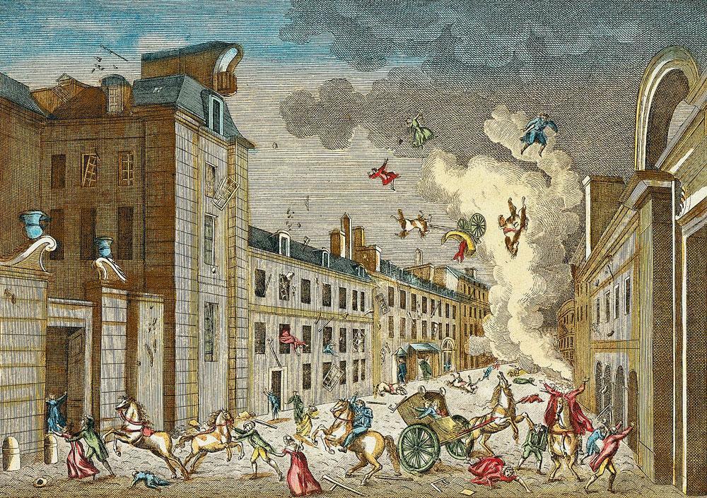 Représentation de l'attentat avorté contre Napoléon le soir de Noël 1800 dans la rue Saint-Nicaise. L'explosion, énorme, a causé un grand nombre de victimes. Toutefois, le Premier consul a pu poursuivre sa route sans encombre.