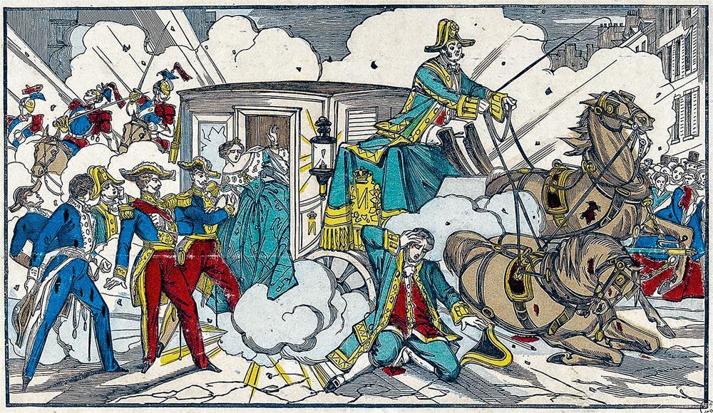 Le révolutionnaire italien, Orsini, et ses acolytes, jettent trois bombes à base de mercure sur le fiacre dans lequel se trouvent Napoléon III et son épouse. Le couple impérial s'en sort indemne mais on déplore néanmoins 8 victimes.