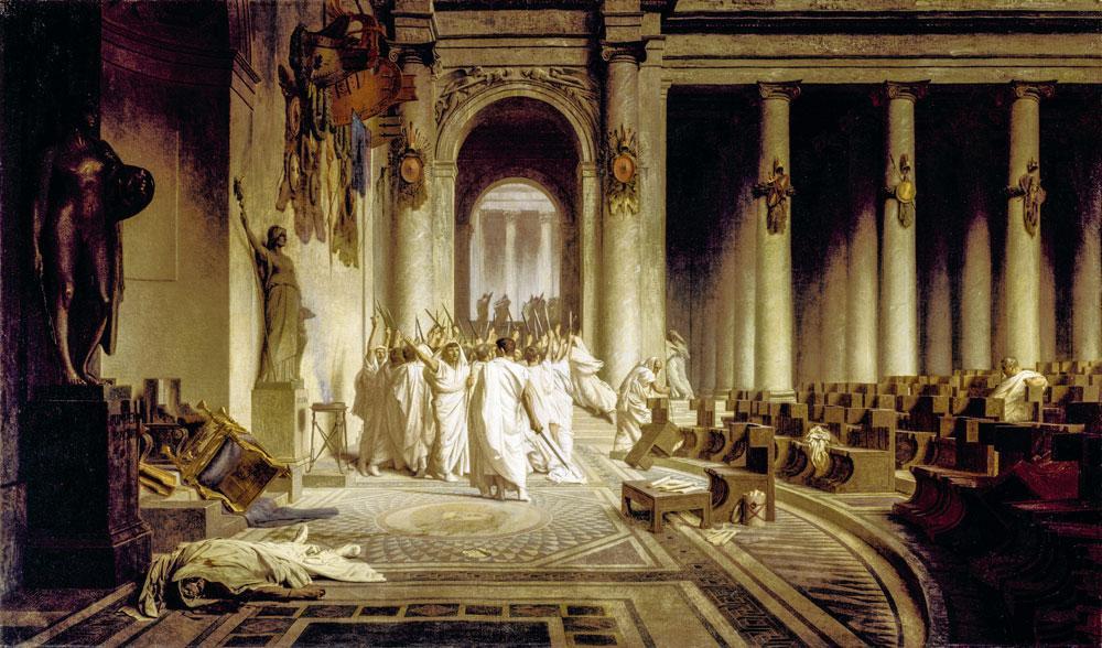 A gauche à l'avant-plan, le corps abandonné de César. Au centre, les sénateurs qui se réjouissent de l'attentat réussi. La mort de César, de Jean-Léon Gérôme, vers 1859-1867.
