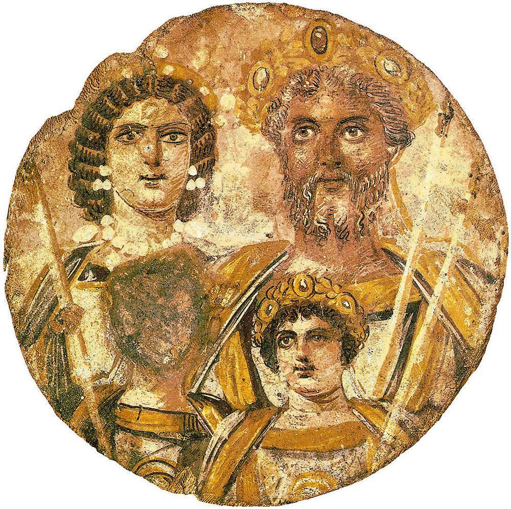 Portrait de famille de l'empereur romain Septime Sévère, l'impératrice Julia Domna et leurs deux fils Caracalla et Geta. Caracalla fit assassiner son frère d'un an son cadet. Il s'employa par la suite à effacer toute trace de ses portraits.