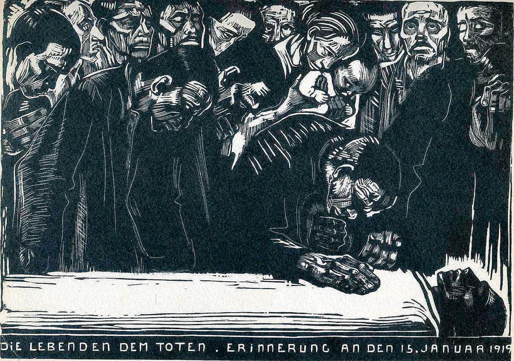 En commémoration de l'assassinat de Karl Liebknecht et Rosa Luxemburg, gravure de l'artiste allemande Käthe Kollwitz : 