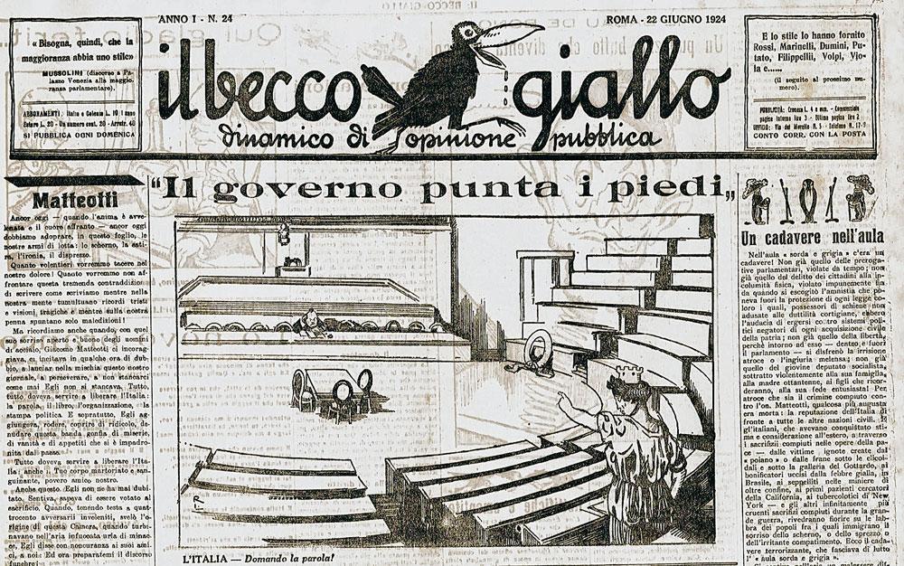 Caricature publiée dans le journal antifasciste Il Becco Giallo du 22 juin 1924. On y voit un Parlement italien pratiquement vide, avec un Mussolini esseulé et l'Italie, représentée par une femme couronnée, qui demande la parole.