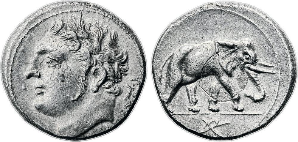Pièce de monnaie représentant le profil d'Hannibal et ses célèbres éléphants avec lesquels il attaqua l'Empire romain. Le général carthaginois perdit toutefois les guerres contre Rome.
