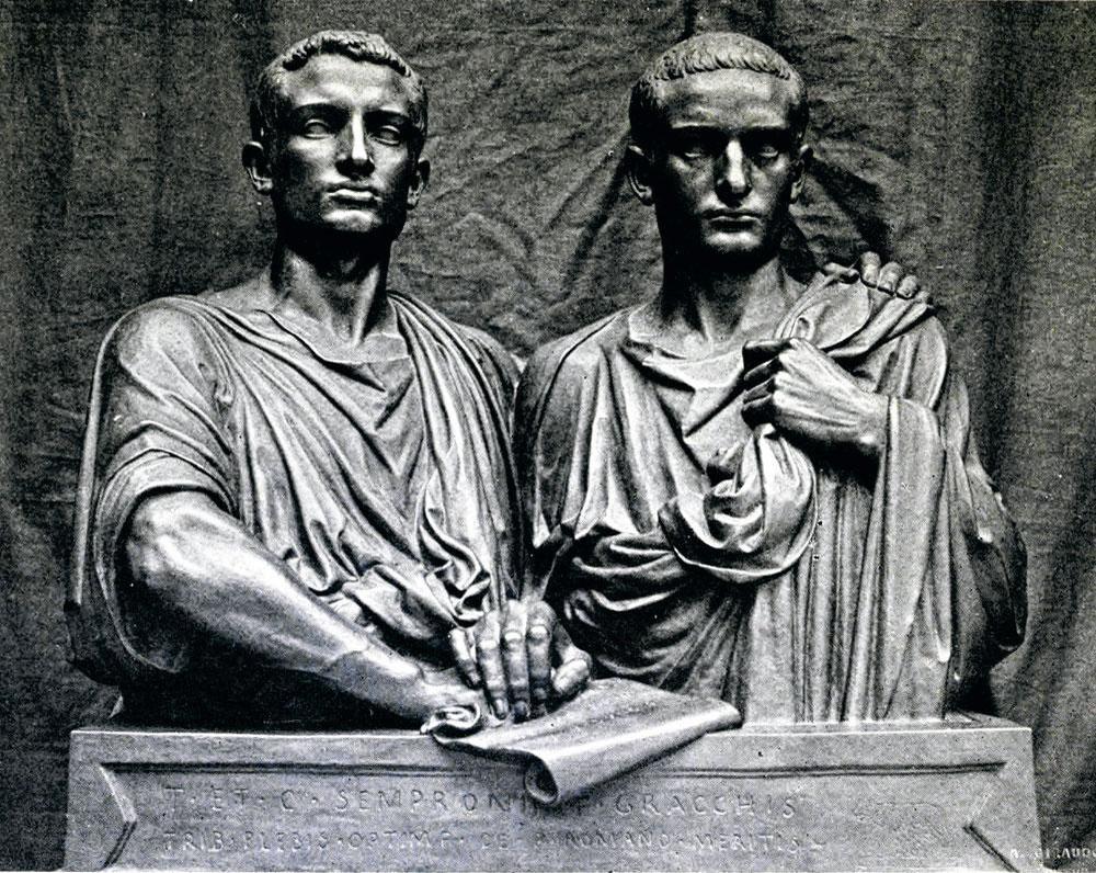 Les frères Gracchus furent des citoyens romains très engagés socialement. En tant que tribun, Tiberius tenta d'imposer une réforme agraire au bénéfice de la plèbe. Sa tentative échoua et il fut battu à mort par les membres du Sénat. Apprenant cela, son frère se suicida.
