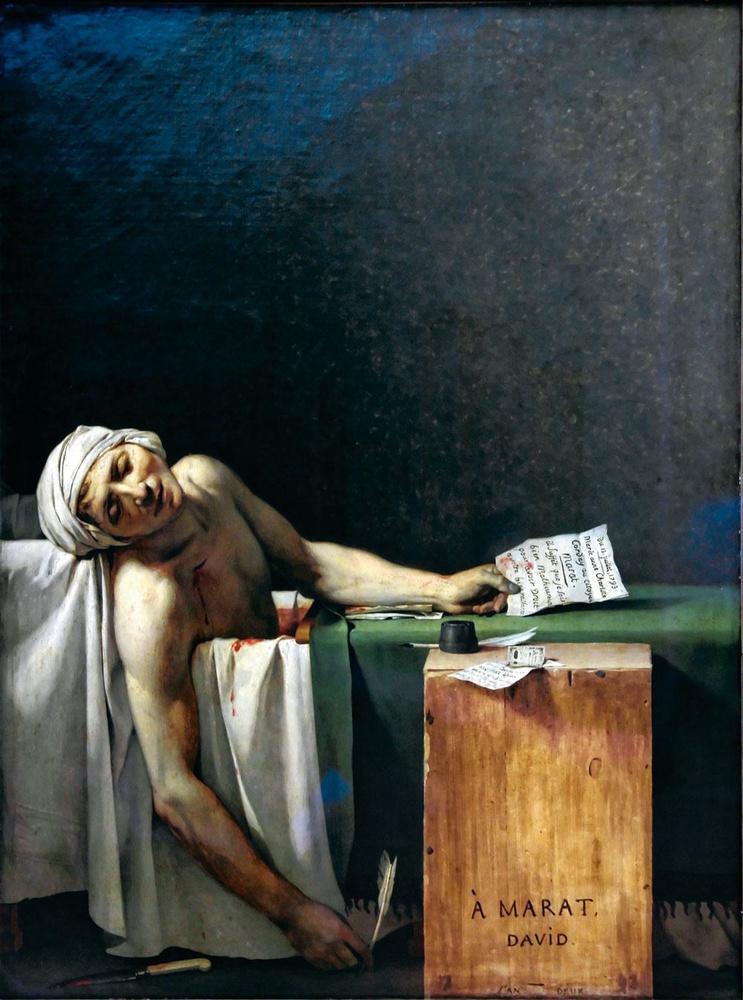 Le méfait est commis. Charlotte Corday a poignardé à mort Jean-Paul Marat. Peinture de Jacques-Louis David, 1793.