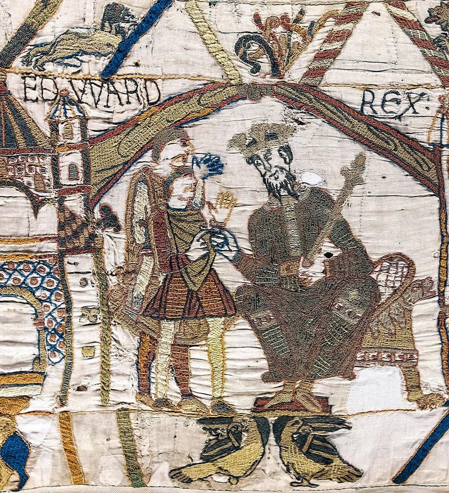Le roi Edouard le Confesseur connut l'exil jusqu'à ce qu'il monte sur le trône d'Angleterre en 1043. Son règne fut marqué par d'incessants conflits avec les Danois et les Norvégiens. Tapisserie de Bayeux, vers 1070.