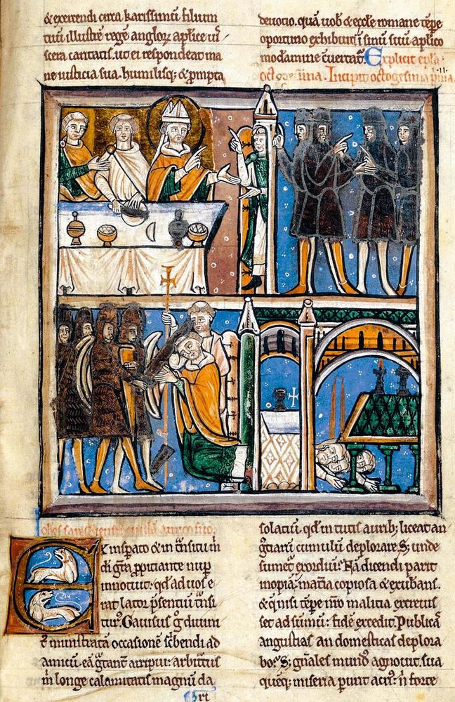 Dans la partie haute de la miniature, on voit Henri II mandater quatre chevaliers pour le meurtre de Thomas Becket tandis qu'en dessous les assassins perpètrent leur crime dans la cathédrale de Canterbury.