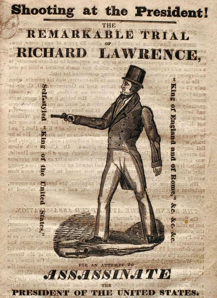 Richard Lauwrence, perturbé mentalement, osa attenter à la vie du président Jackson mais les deux pistolets qu'il avait choisis se sont enrayés.