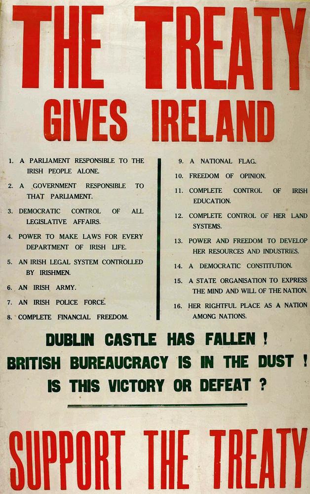 La guerre civile en Irlande prend fin. La Grande-Bretagne et l'Irlande signent un traité. L'Irlande du Nord demeure un comté au sein du Royaume-Uni. Pour l'Irlande, on retrouve entre autres signatures, celle de Michael Collins.