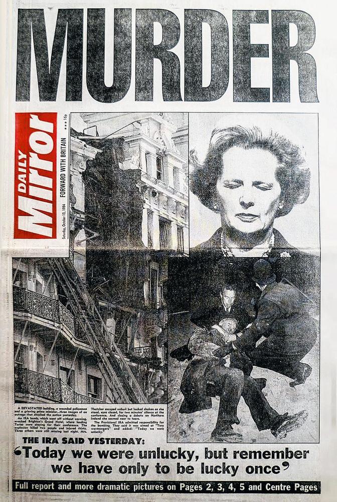 L'attaque à la bombe de Brighton a causé 5 morts et 31 blessés. L'IRA a immédiatement revendiqué l'attentat et a déploré que la Première ministre britannique s'en soit sortie indemne.