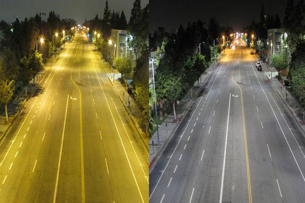 Une rue de Los Angeles avant et après l'installation des lampadaires à ampoules LED