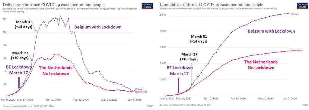 Fig. 1 Daily and cumulative confirmed COVID-19 cases per million people in Belgium and in the Netherlands during the 1st Wave.