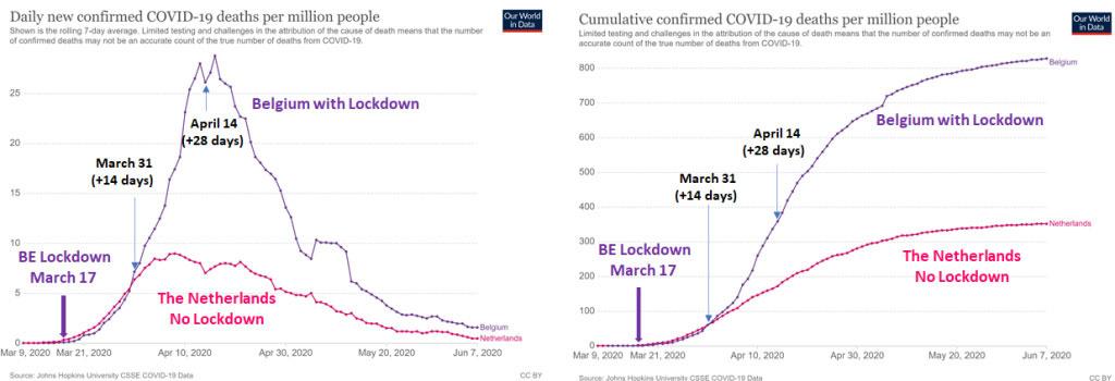 Fig. 2 Daily and cumulative confirmed COVID-19 Deaths per million people in Belgium and in the Netherlands during the 1st Wave.