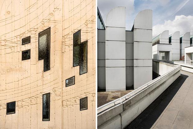 Links: het Museum for Architectural Drawings draagt zijn inhoud ook op zijn huid, en dat maakt dat je er moeilijk voorbij kunt lopen zonder het aan te raken. Rechts: het dakprofiel van het Bauhaus Archiv is van ver herkenbaar.