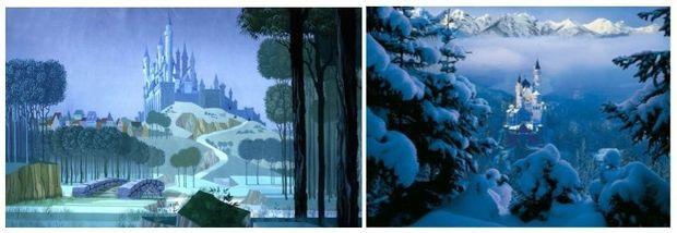 Concept art voor 'Sleeping Beauty' (links) & Neuschwansteinkasteel (rechts)