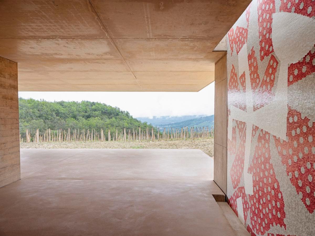 De Belgische kunstenaar Yves Zurstrassen, die in 2019 in Bozar exposeerde, ontwierp een mozaïek voor het wijnhuis. Vanop het terras krijg je een fenomenaal zicht over de wijnranken.