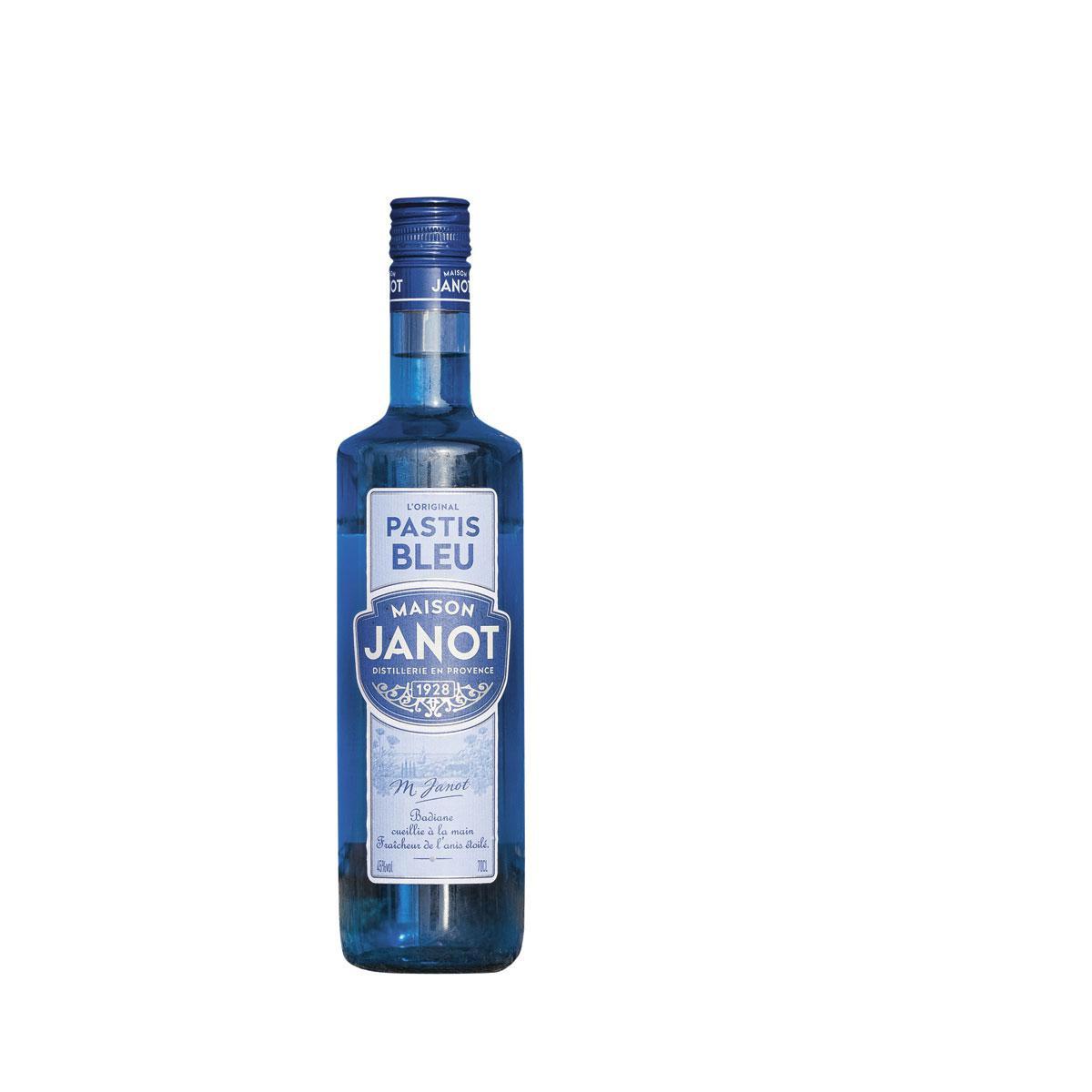 Geen gele, maar Pastis Bleu van Maison Janot, 15,25 euro voor 70 cl.