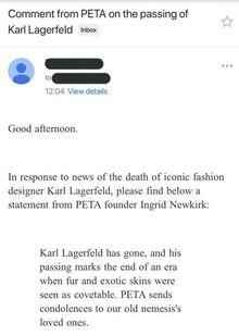 PETA danst op graf van Karl Lagerfeld