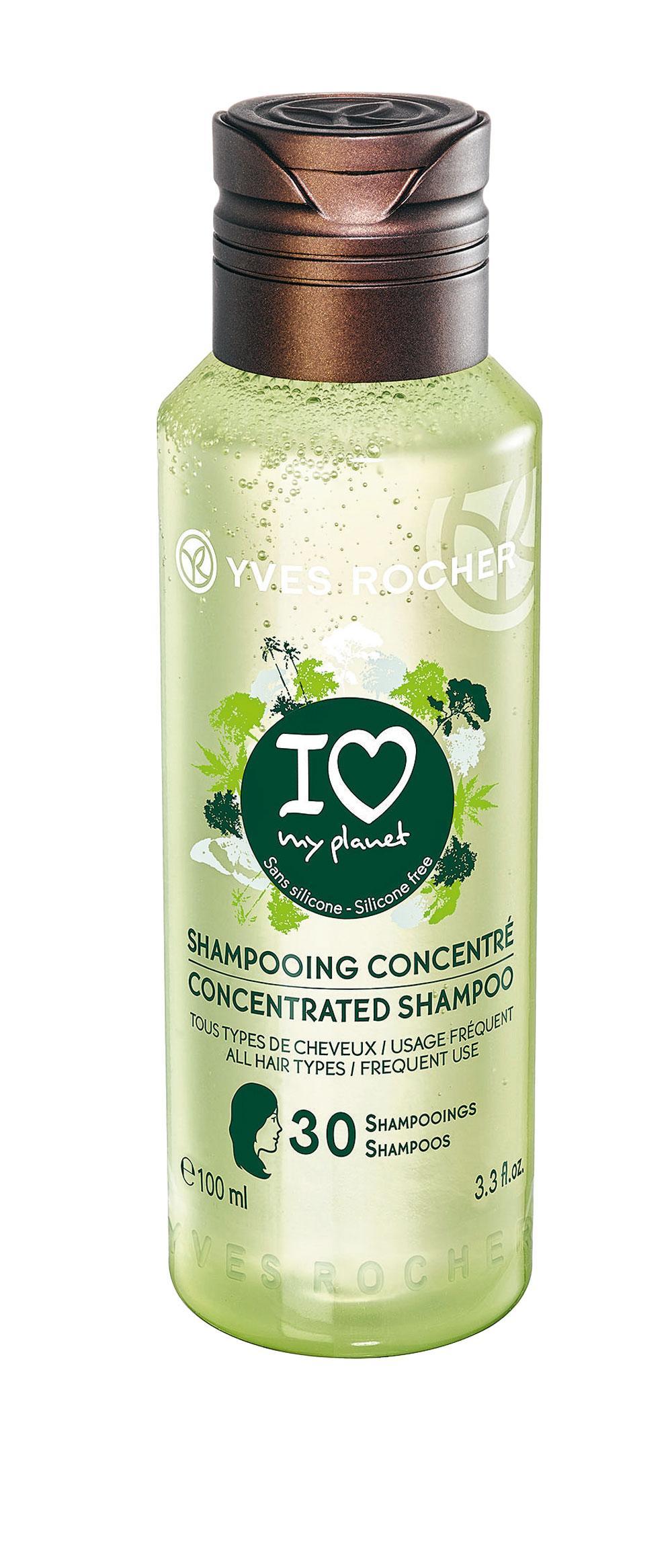 De CO2-neutrale skincare wordt geproduceerd met groene elektriciteit. I Love My Planet Concentrated Shampoo (3,95 euro) van Yves Rocher.