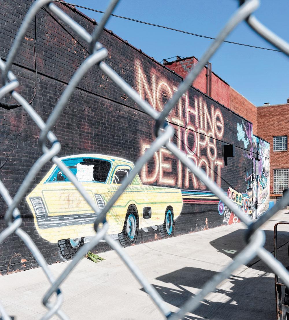 'Nothing Stops Detroit': mural en neon van Ryan Doyle op Eastern Market.