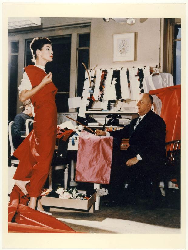 Christian Dior with model Lucky, circa 1955.
