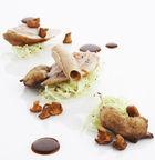 Salade van gemarineerde witte kool met soya en kummel en patrijs en ganzenlever