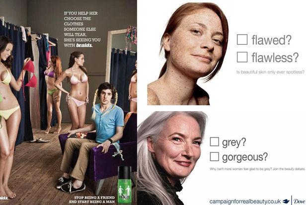 Links: reclame van Axe, rechts: reclame van Dove. Beide merken zijn in handen van Unilever, maar de campagnes kregen duidelijk een andere aanpak en toon. 