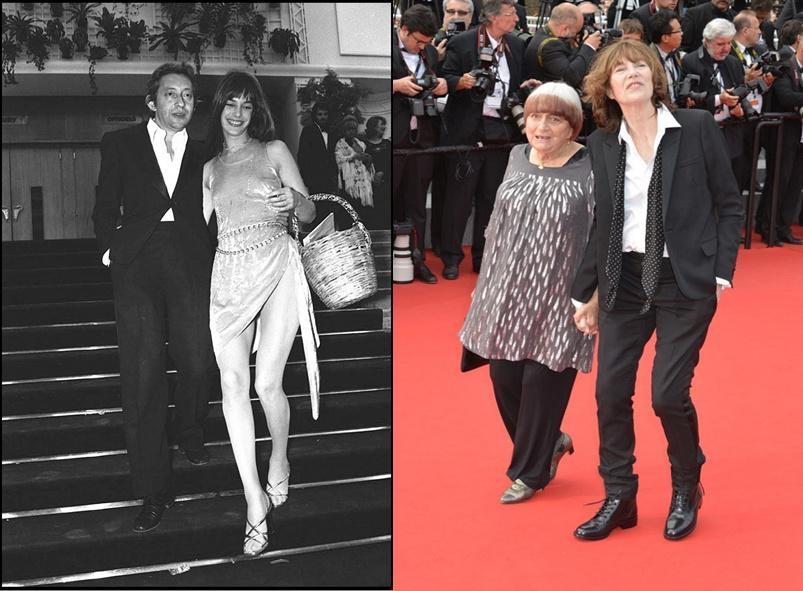 Jane Birkin en Serge Gainsbourg op het festival van Cannes in 1974. Rechts Jane Birkin met Agnes Varda bij de première van La Glace et le Ciel, 2015.