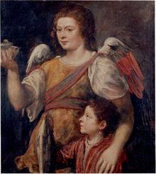 Tobias en de engel van Titiaan. Dit is de versie van het schilderij voor ontdekt werd dat er eigenlijk een vrouw school onder de engel. 