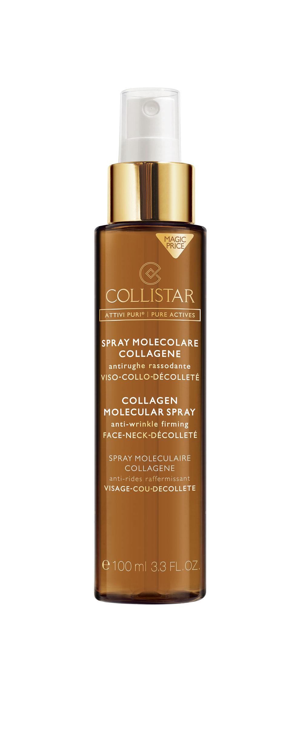 Voor een stevigere huid. Collagen Molecular Spray (20,45 euro), Collistar, bij Ici Paris XL.