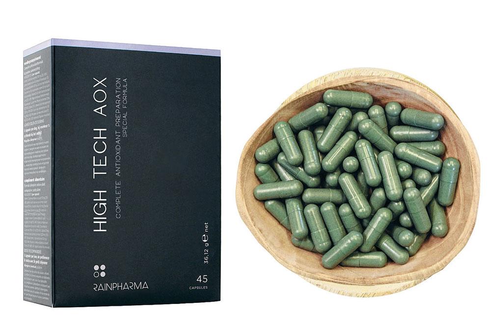 High Tech AOX (49,95 euro), RainPharma. Een hoog gedoseerde antioxidantenmix met onder meer vitamines A, C en E, gluthation, kurkuma en meloenconcentraat.