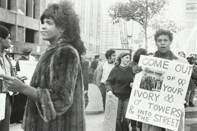 Diana Davies, Untitled (Marsha P. Johnson Hands Out Flyers For Supportof Gay Students at N.Y.U.), c. 1970.Photo by Diana Davies, Manuscripts and Archives Division, The New York Public Library Peter Hujar