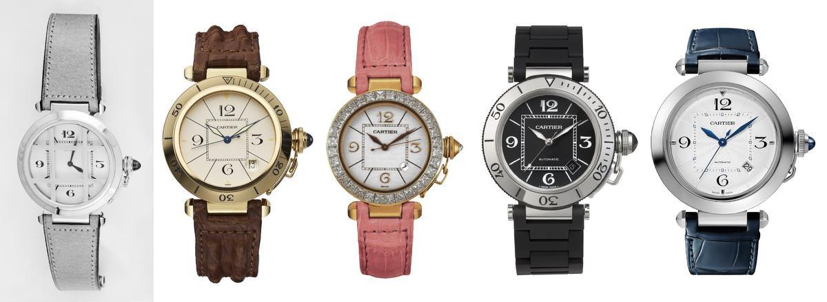 V.l.n.r.: de originele Pasha uit de vroege jaren dertig, een model uit 1985, een Pasha voor vrouwen uit 1998, de Pasha Seatimer uit 2006, en een horloge uit de nieuwe collectie.