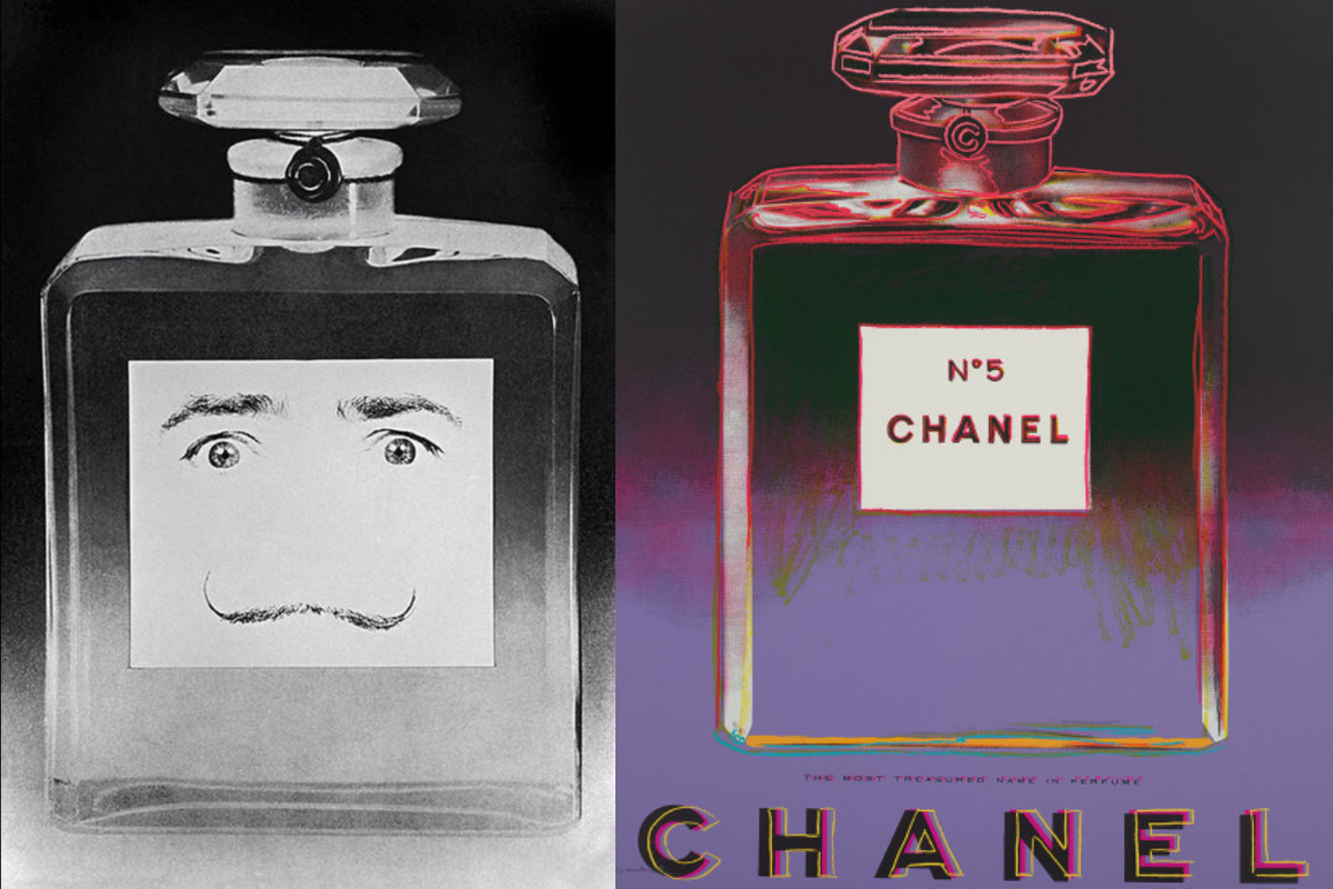 Links: Salvador Dalì lanceerde zijn eigen parfum. het flesje is bijna volledig hetzelfde als dat van Chanel N°5, maar in de plaats van het etiket met Chanel N°5 erop, tekende hij twee ogen en een snor om het zich eigen te maken. Rechts: Andy Warhol maakte een reeks 'Ads' waarbij hij reclamecampagnes namaakte in de stijl van stilleven.