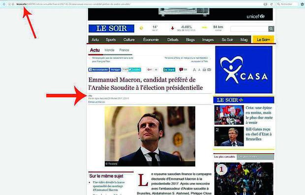 Emmanuel Macron soutenu par l'Arabie saoudite dans un article estampillé AFPsur Lesoir.info, site imitant le quotidien belge Le Soir.