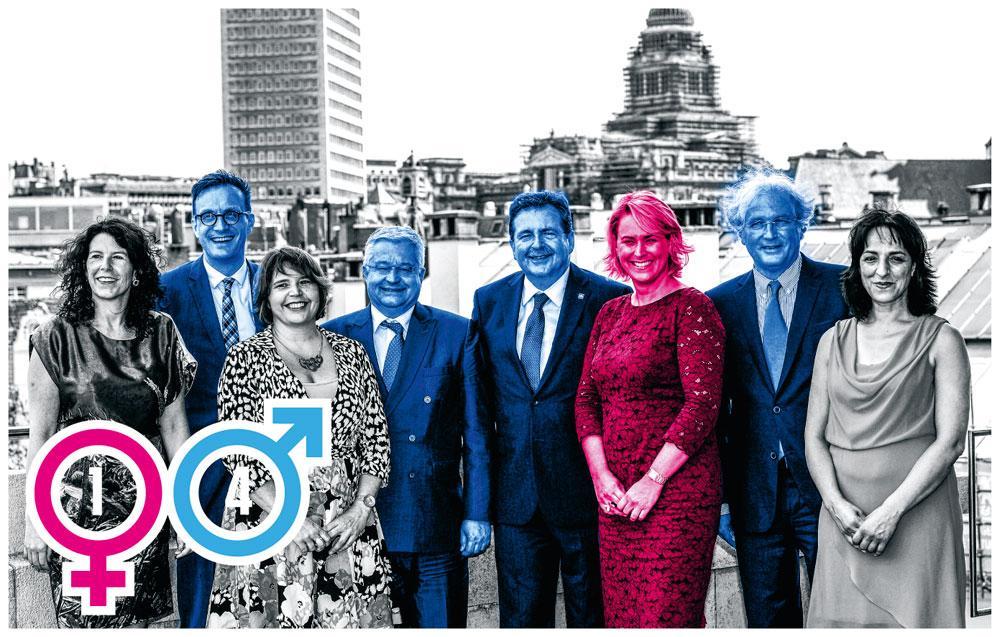 Au gouvernement bruxellois, Céline Fremault est la seule femme à avoir rang de ministre. Un cran en dessous, secrétaire d'Etat est en revanche un monopole féminin (3 sur 3 : en gris).