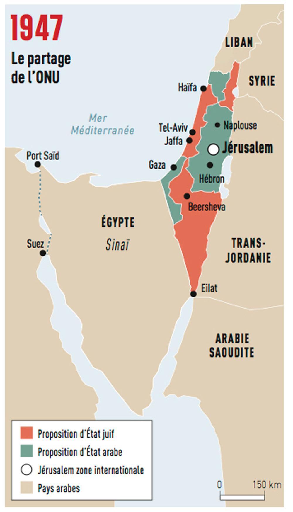 Le 29 novembre 1947, l'ONU approuve la création d'un Etat juif par 33 voix pour, 13 contre et 10 abstentions, dont celle de la Grande-Bretagne. La résolution 181 prévoit le partage de la Palestine en huit parties, trois pour l'Etat juif, quatre pour un Etat arabe (dont l'enclave de Jaffa) et une huitième partie (Jérusalem et Bethléem) confiée à l'administration internationale de l'ONU. Au lendemain de la déclaration d'indépendance, le 15 mai 1948, les Etats arabes envahissent Israël.